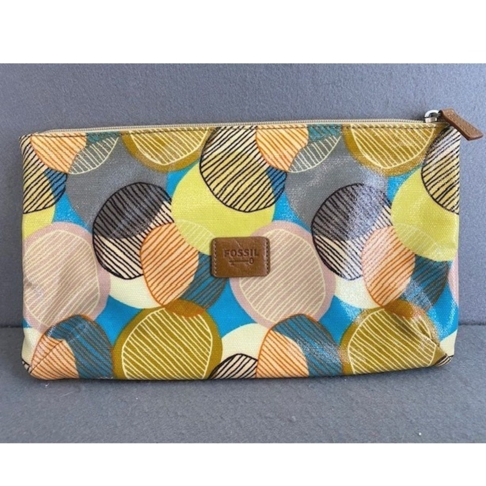 Fossil Key-Per Coated Canvas Pouch Abstract Circle Print Multicolor Cosmetic Bag